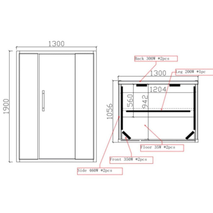 Technical drawing showing dimensions and infrared heater positions for the Jaquar Paire 2-seater sauna, including wattage of each panel.
