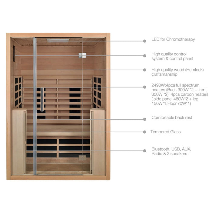Front view of the Jaquar Paire 2-seater infrared sauna with labelled features including chromotherapy LED, full spectrum and carbon heaters, Hemlock wood, and digital control system.