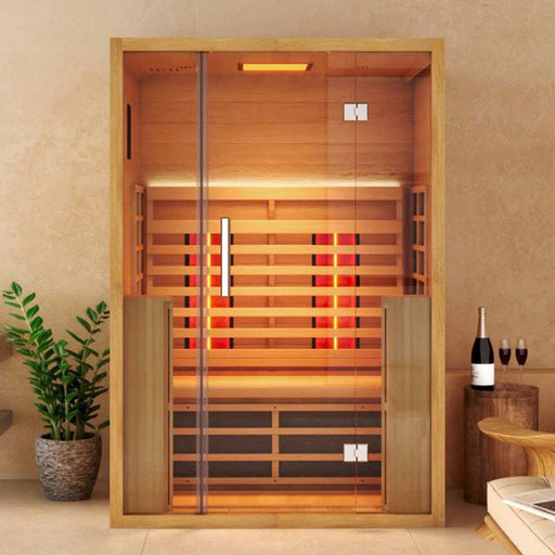 Front-facing image of the Jaquar 2-seater infrared sauna set in a stylish interior, featuring vibrant red heaters and calming LED chromotherapy strip lighting.