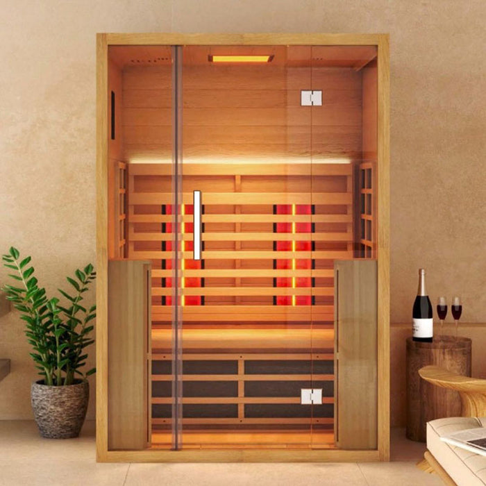 Front-facing image of the Jaquar 2-seater infrared sauna set in a stylish interior, featuring vibrant red heaters and calming LED chromotherapy strip lighting.