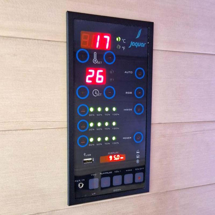 High-tech control panel of the Jaquar Relaxo infrared sauna, featuring temperature settings, RGB chromotherapy controls, and an integrated audio system.