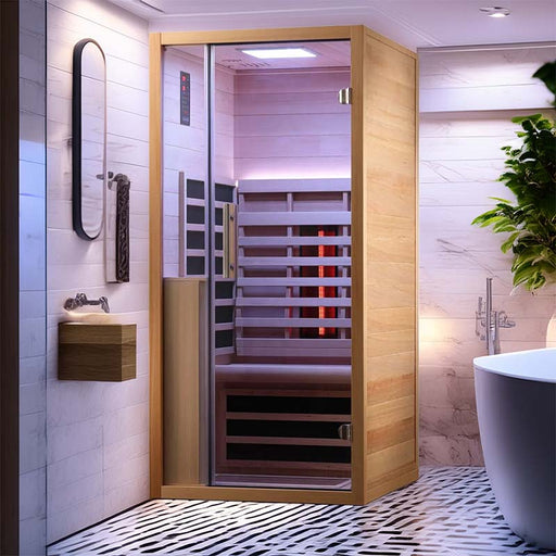 Front view of the Jaquar Relaxo Single Infrared Sauna with a sleek glass door, warm LED lighting, and premium hemlock wood finish, designed for a soothing infrared therapy experience.