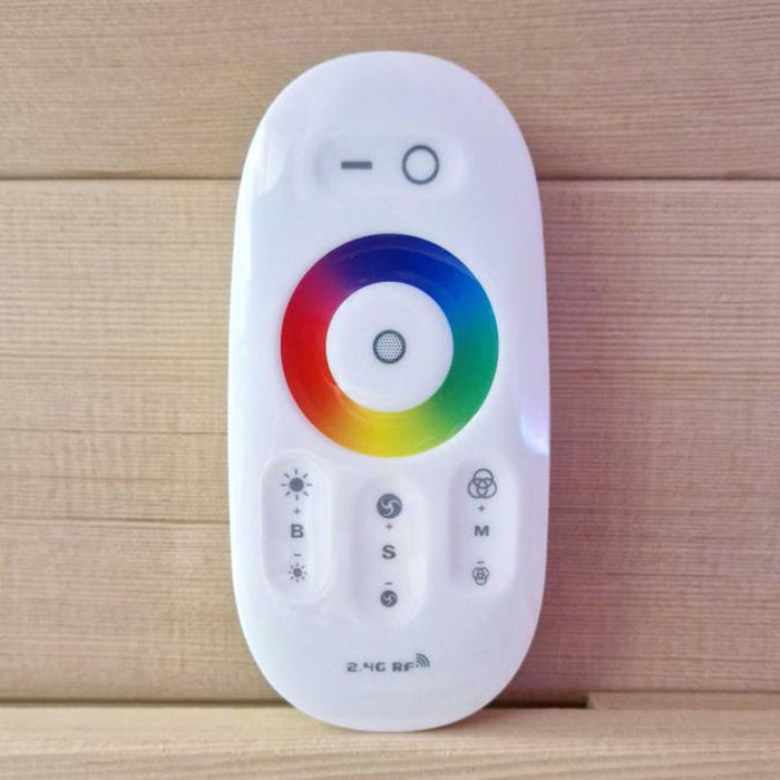 Smart remote control with a colour wheel, allowing you to adjust the LED lighting and sauna settings with ease.