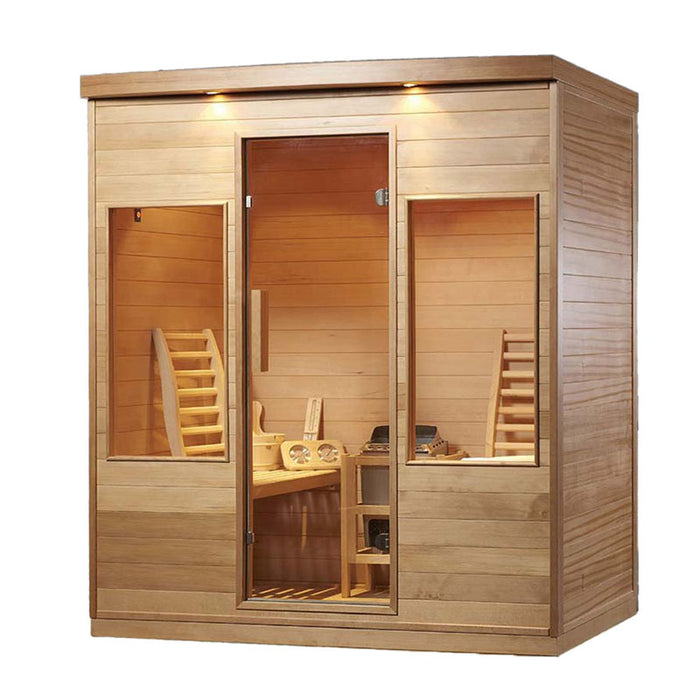 A luxury home sauna with a stylish wooden finish, glass panels, and ambient lighting for a spa-like experience.