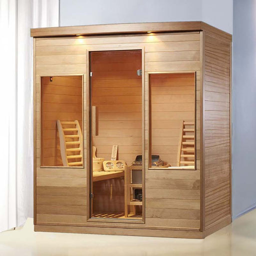 A spacious luxury sauna crafted from premium hemlock wood, featuring ergonomic seating and soft ambient lighting for a relaxing experience.