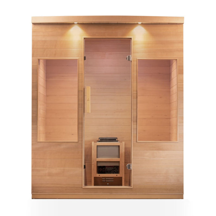 A modern home sauna with an elegant wooden frame, glass doors, and built-in lighting for a rejuvenating infrared sauna session.