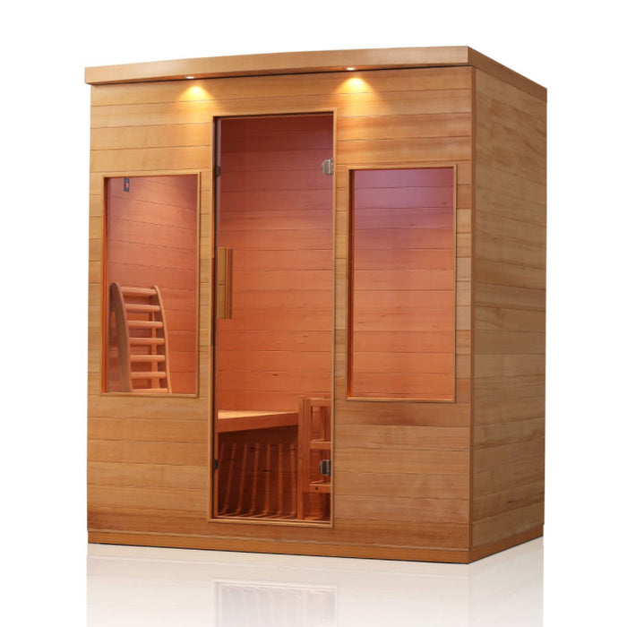 A stylish side perspective of the infrared sauna, highlighting its glass panels and warm wooden aesthetic, perfect for home spa settings.