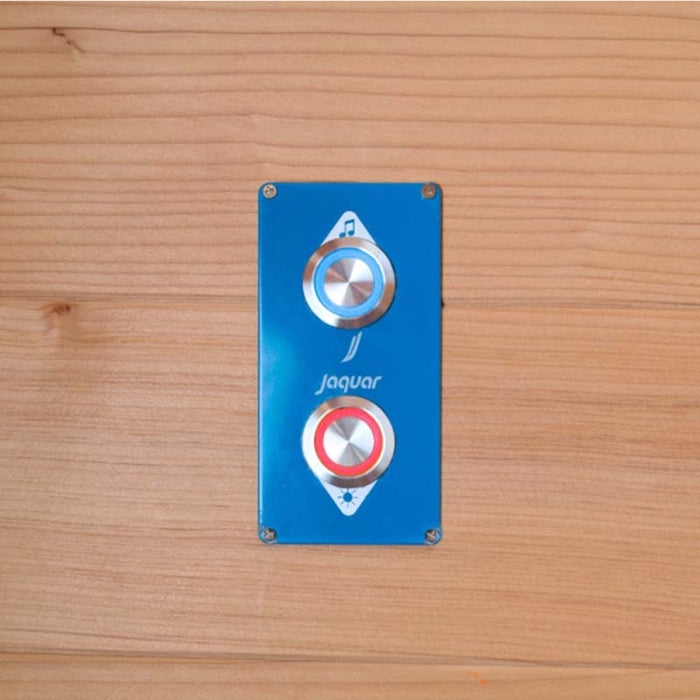 Sleek blue control panel for adjusting ambient lighting and built-in Bluetooth sound system inside the luxury home sauna.
