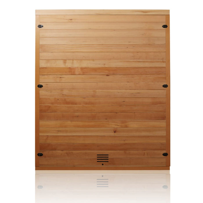 The back panel view of the sauna, showcasing its high-quality wood construction and efficient ventilation system.