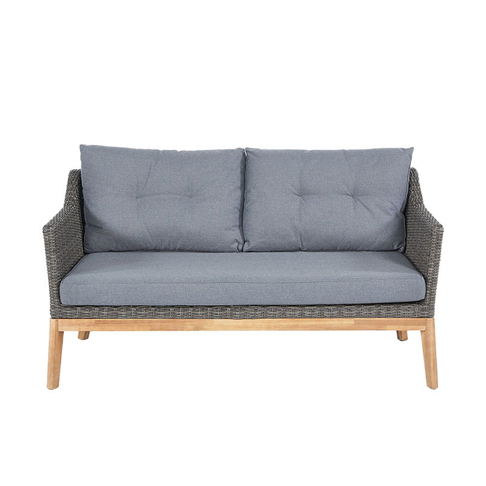A close-up of the two-seater sofa from the Larissa Outdoor Seating Set, featuring plush grey cushions and a durable acacia wood frame.