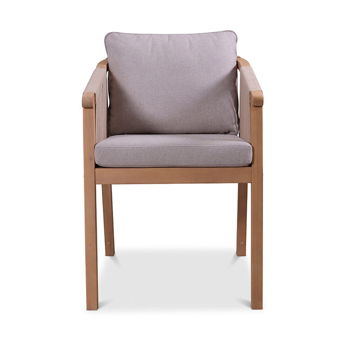 A front perspective of the comfortable dining chair from the Luna 6 Seater Concrete Table Dining Set, showcasing its grey cushions and wooden frame.