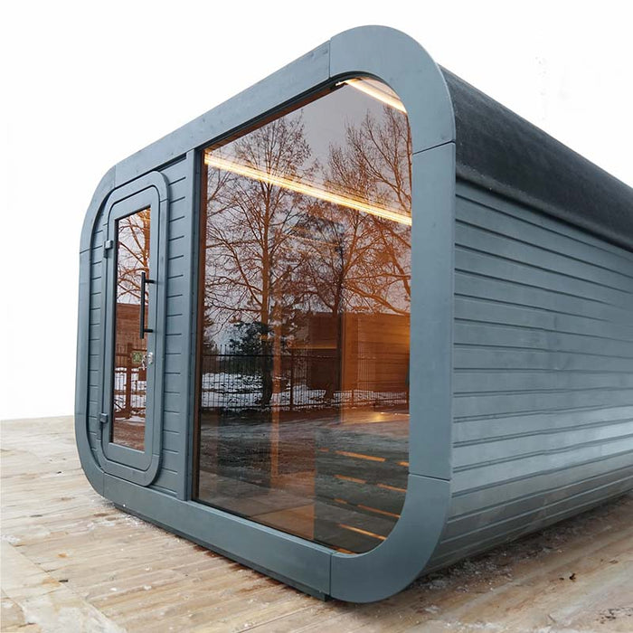 Angled view of Wooden Luna Outdoor Sauna.