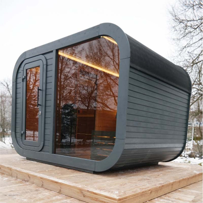 Right angled exterior view of Viking Industrier Luna Outdoor Sauna.