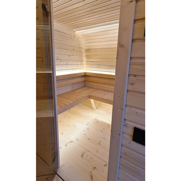 Open glass door showing sauna room with wooden interior, benches and lighting.