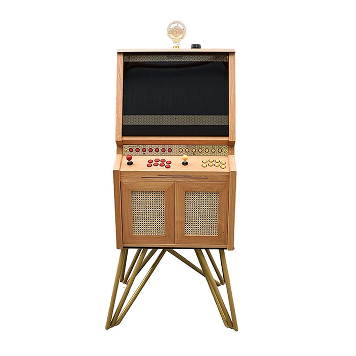Front view of Maison Roshi Senpai V3 arcade cabinet with dual joystick controls, wood frame, golden legs, and woven cane panels.