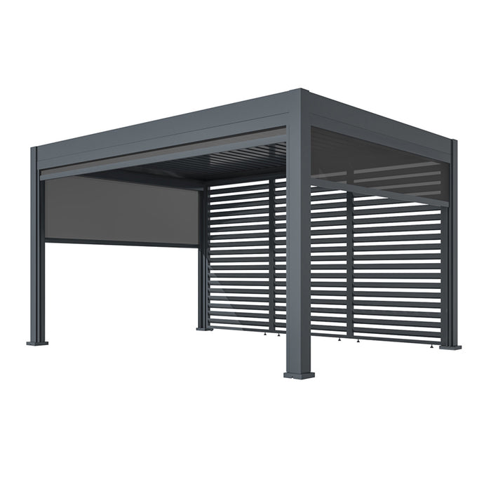 Side view of the Eden Aluminium Garden Pergola showcasing sleek adjustable louvres and retractable blinds, offering shade and privacy for any garden setting.