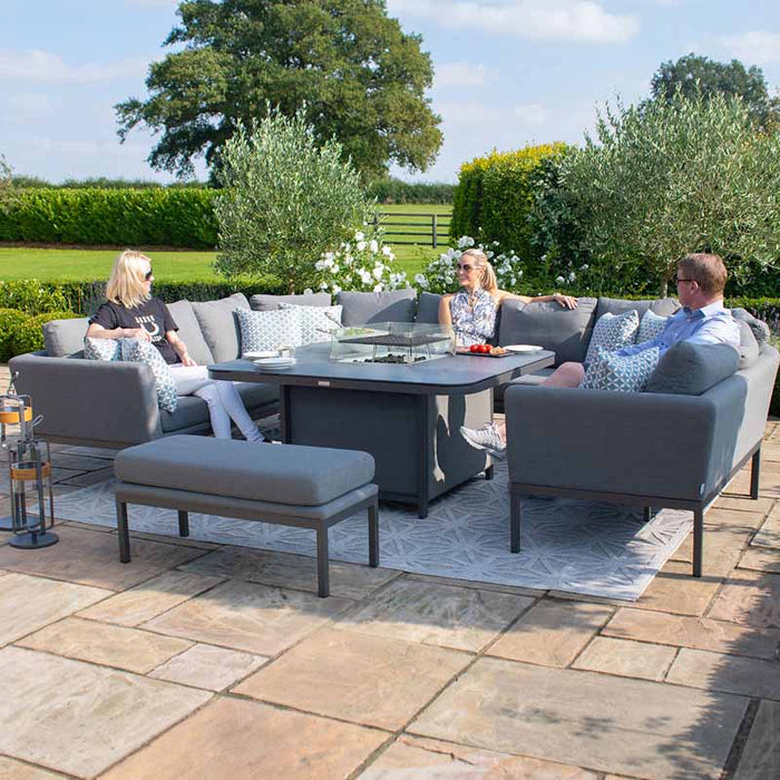 Side view of the full Pulse U Shape Corner Dining Set with Fire Pit, providing a spacious seating area and contemporary fire pit table.