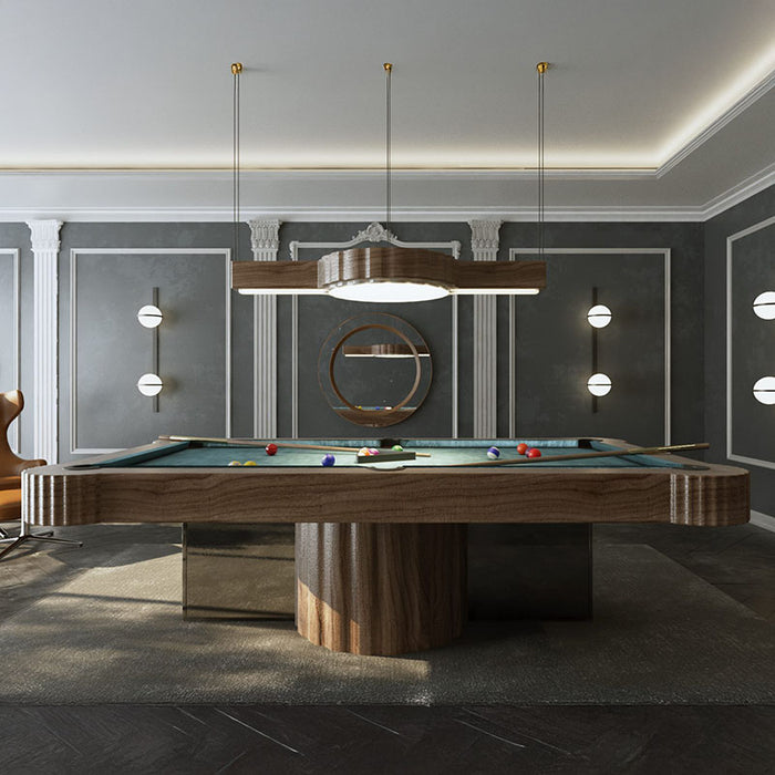 MBM Biliardi Amelia pool table in a sophisticated interior setting, with elegant pendant lighting and a modern classic décor, perfect for luxury homes.