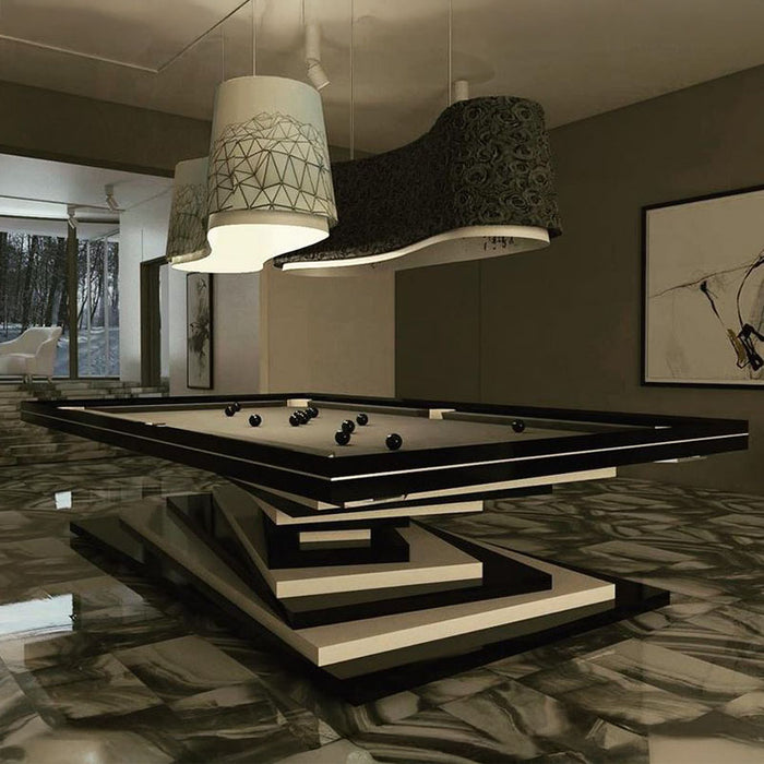A MBM Biliardi Ziggurat pool table with a modern, floating appearance and a multi-layered wooden base, illuminated in a contemporary interior space.