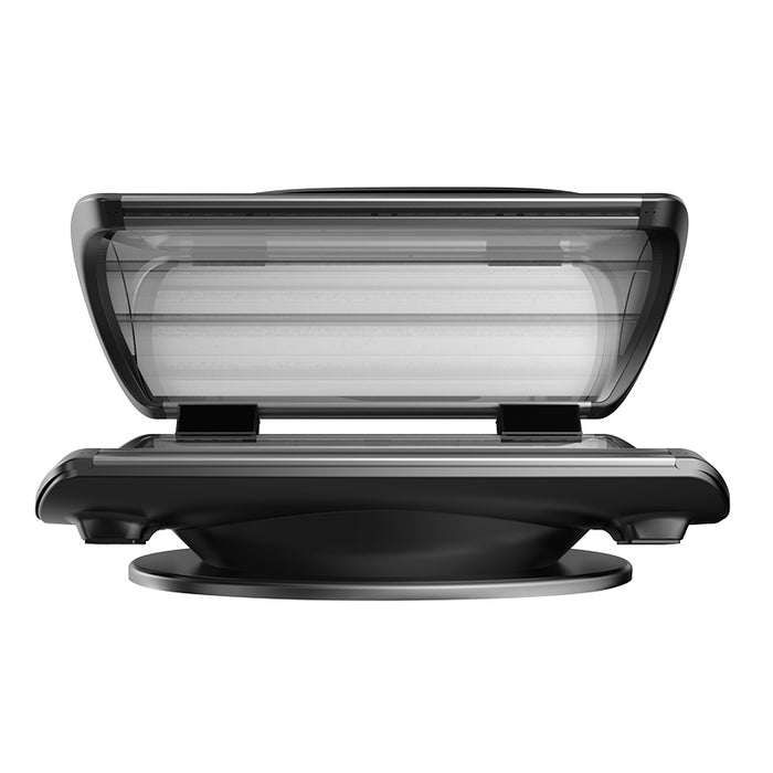 Direct front view of the Nuvibody CORE therapy bed with the lid opened, revealing the internal LED light panel system.