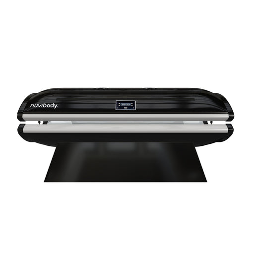 Top view of the closed Nuvibody LITE red light therapy bed in black finish with digital timer display for precision light sessions.