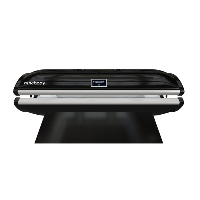 Top view of the closed Nuvibody LITE red light therapy bed in black finish with digital timer display for precision light sessions.