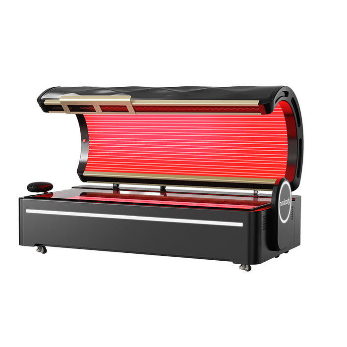 Sleek black version of the Nuvibody PRO red light therapy bed shown closed, ideal for luxury clinics and wellness centres.