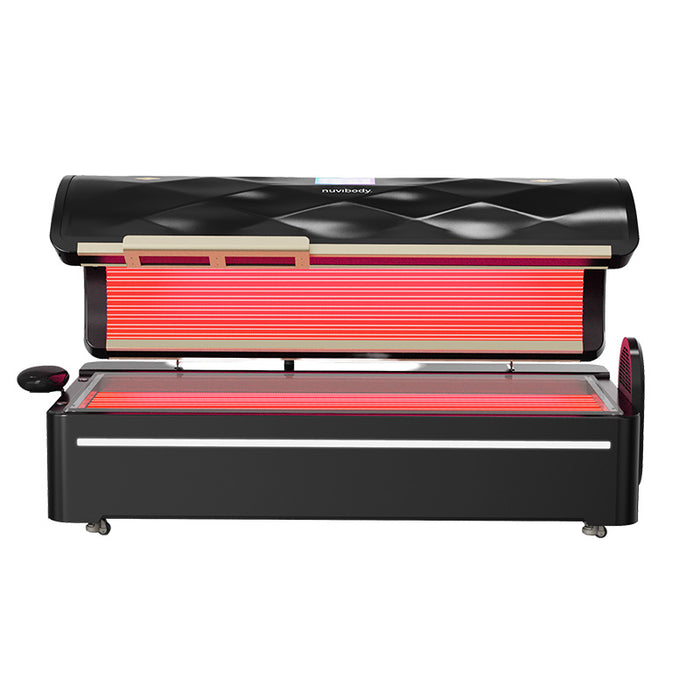 Black Nuvibody PRO red light therapy bed with red LED lights fully open, angled for optimal phototherapy exposure and comfort.