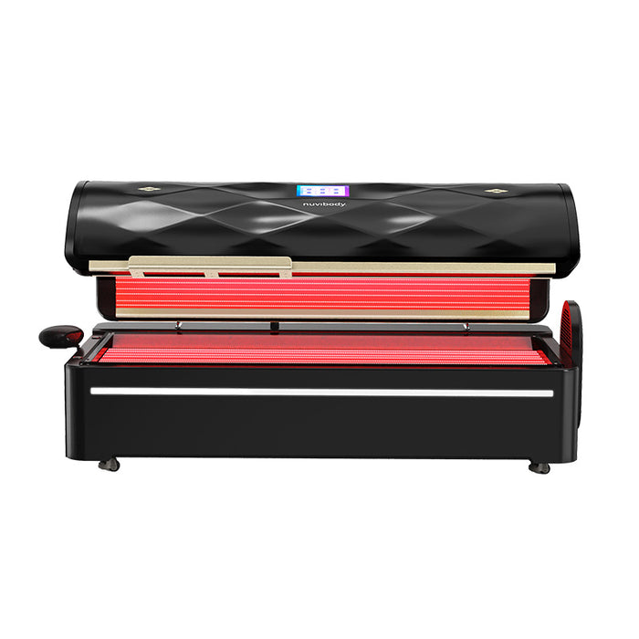 Front view of the Nuvibody PRO red light therapy bed in elegant white and black colour scheme, fully closed and compact.