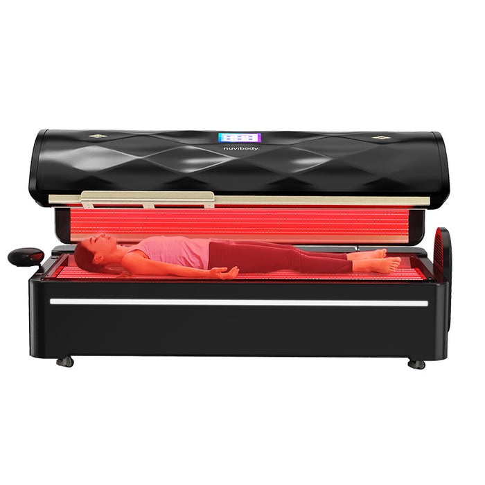 Nuvibody PRO red light therapy bed in white finish, open view showcasing dual-panel LED setup for total body photobiomodulation.