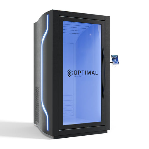 Freestanding Optimal Health electric cryo chamber with illuminated trim and touchscreen controls, designed for high-efficiency cold therapy and recovery treatments.