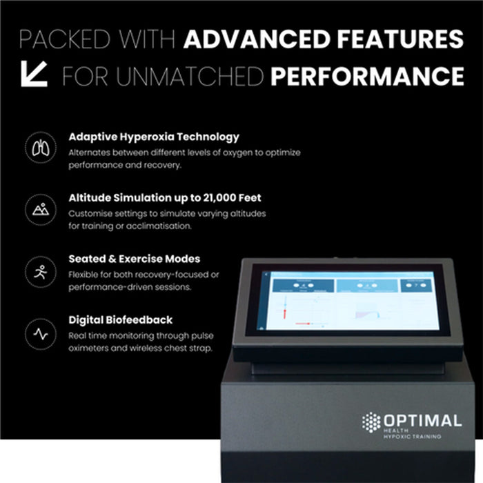 A close-up of the Optimal Health Hypoxic Therapy Machine’s touchscreen display, showcasing altitude simulation, biofeedback monitoring, and oxygen control.