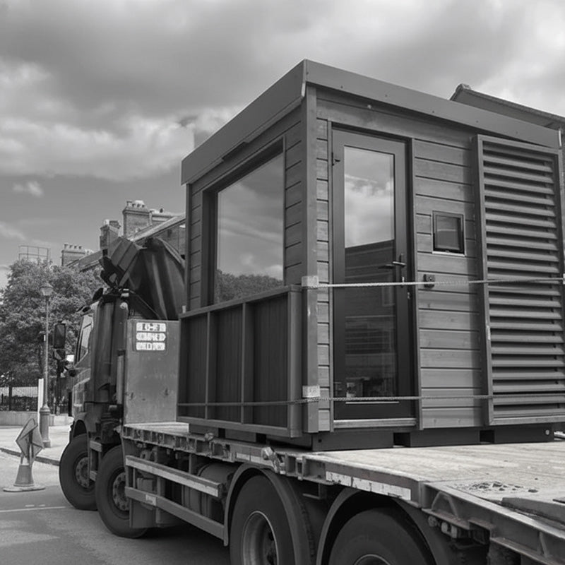 Modern outdoor sauna unit securely transported on a flatbed truck for delivery and installation.