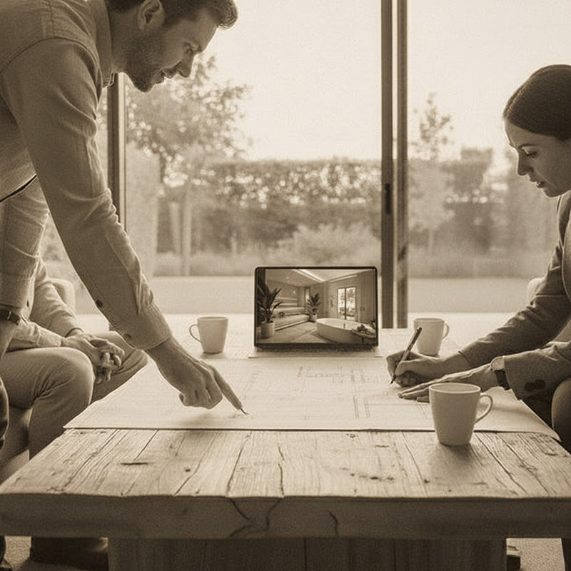 Two professionals reviewing architectural plans at a table with a laptop showing luxury wellness products for project consultation.