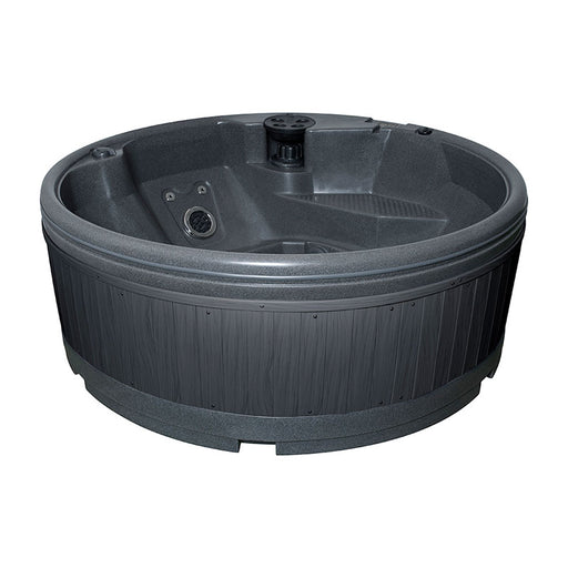 A round, dark grey portable hot tub with panel detailing and built-in seats.