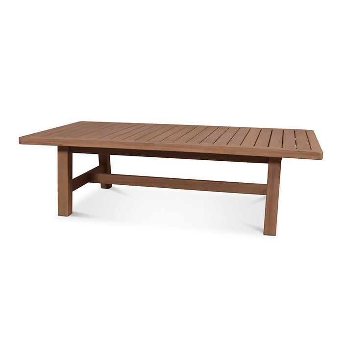 A view of the Roma 4 Seater Double Lounge Set wooden table, crafted from durable acacia wood with a slatted design, ideal for outdoor dining and lounging.