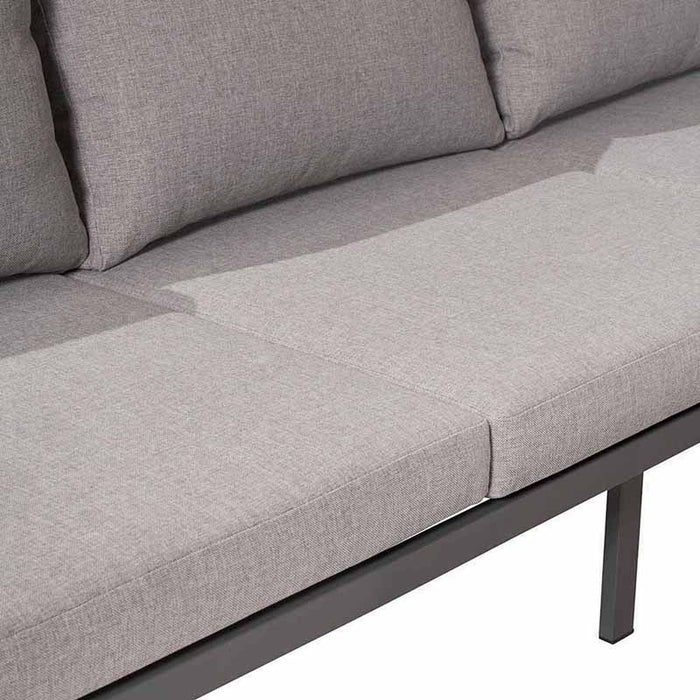 Detailed close-up of the soft, grey cushions included with the Stockholm Outdoor Corner Set, demonstrating the luxurious comfort.