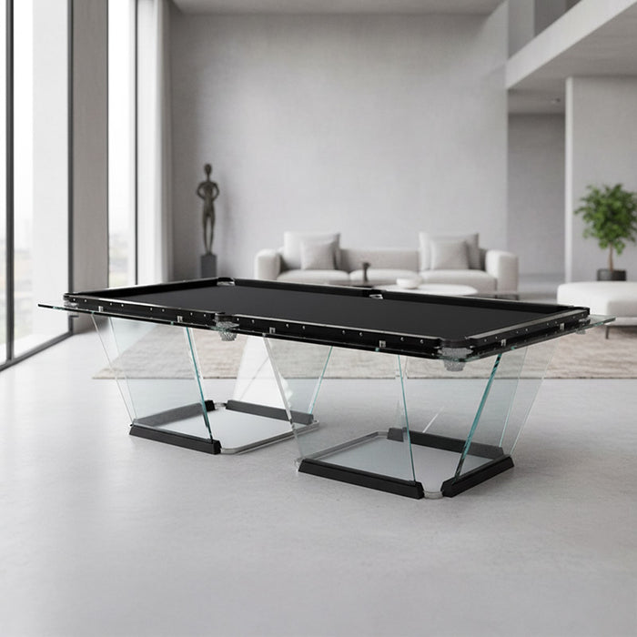 Luxury Teckell T1.1 Black Pool Table showcased in a modern penthouse with panoramic city night views, sleek lighting, and elevated wood platform styling.