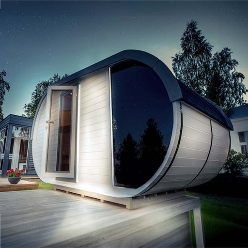 Viking Industrier Delight Outdoor Sauna 2.4 x 4.3m displayed during night time with stars in the background.