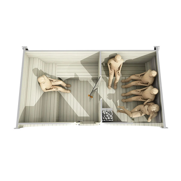 Birdseye cross-section with people sitting in sauna and changing room.