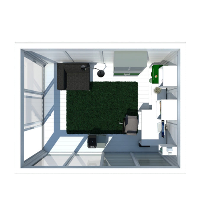 Bird’s-eye view of the Insulated Garden Office Cube 3 x 4m interior, showcasing a well-organised layout with cosy seating, ample workspace, and large glass walls that flood the space with natural light.