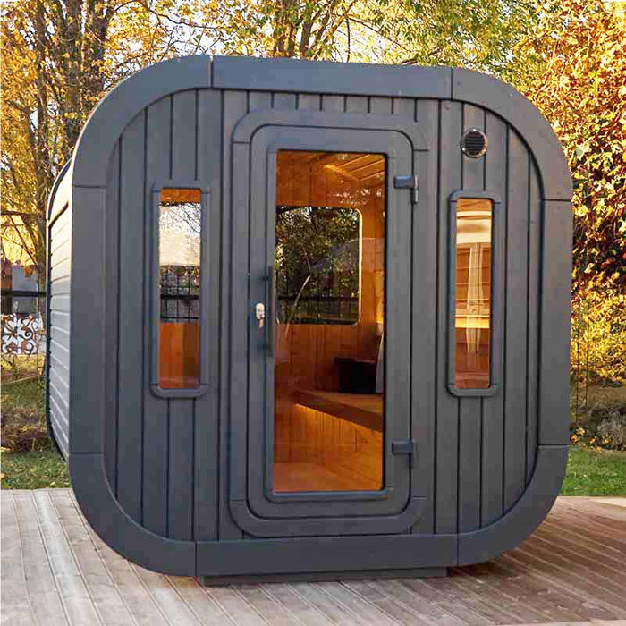 Front view of Luna Sauna 2.3 x 2.4m in lifestyle setting.