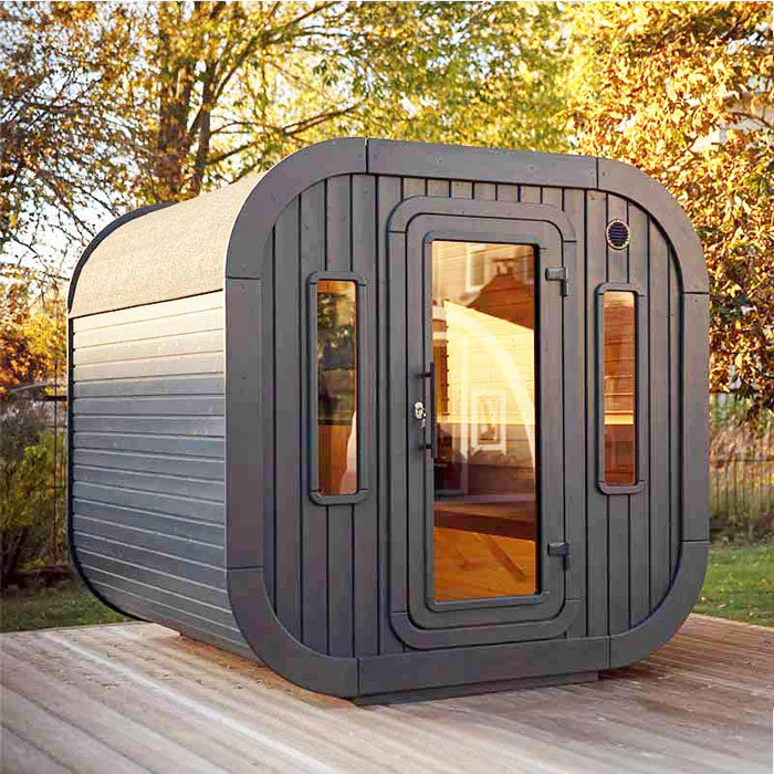 Diagonal view of Luna Sauna 2.3 x 2.4m in lifestyle setting.
