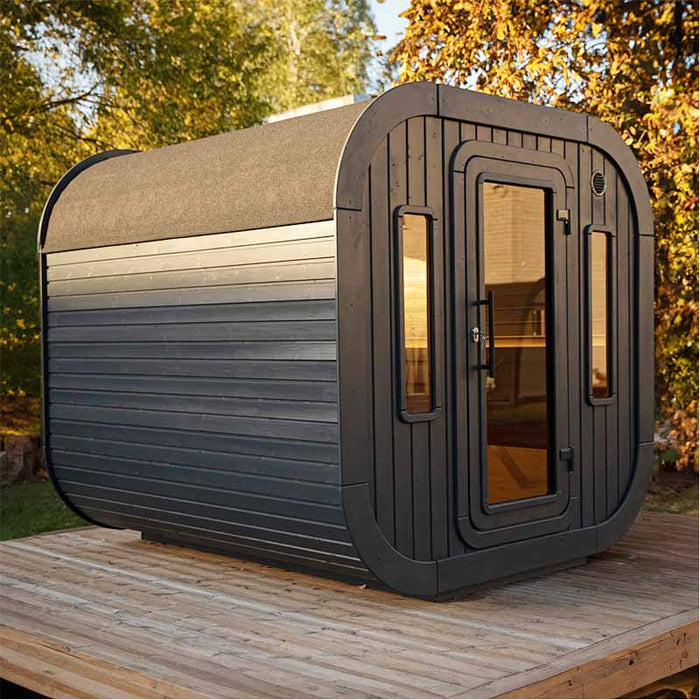 Side view of Luna Sauna 2.3 x 2.4m in lifestyle setting.