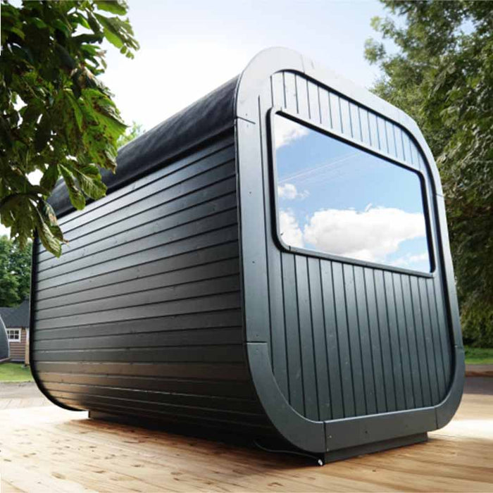 Back view of Luna Luxury Sauna 2.3 x 2.4m with big glass window.