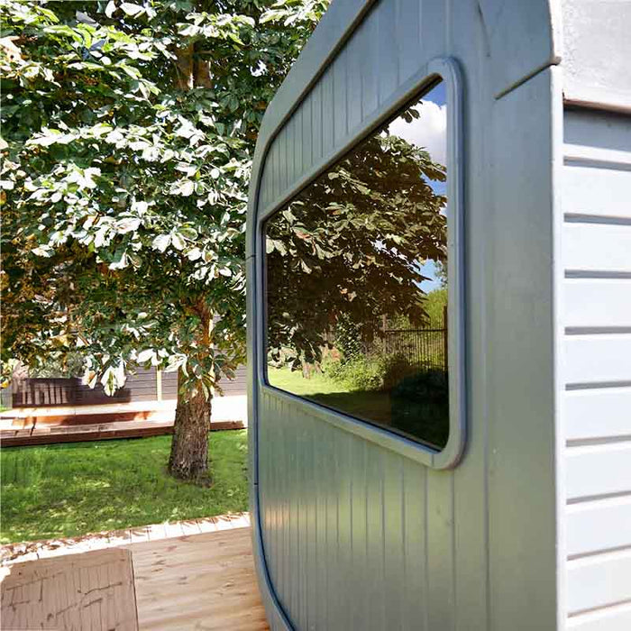 Close-up view of back window of Luna Luxury Sauna 2.3 x 2.4m.