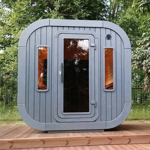 Luna Outdoor Sauna 2.3 x 2.4m lifestyle front view.