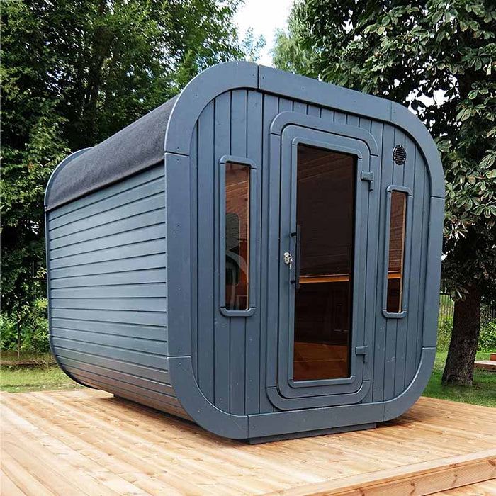 Luna Outdoor Sauna 2.3 x 2.4m lifestyle side view.
