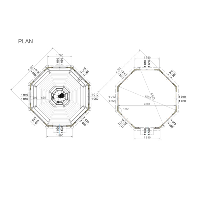 Top-view floor plan of the Pavilion 14.9m² with detailed dimensions and layout of the octagonal structure.