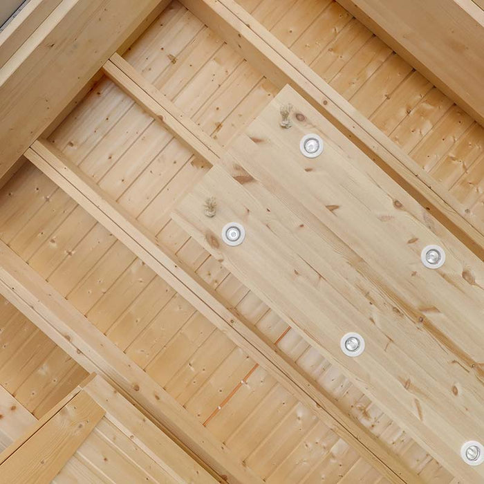 Close-up view of ceiling lights of the Traditional Sauna Cube.